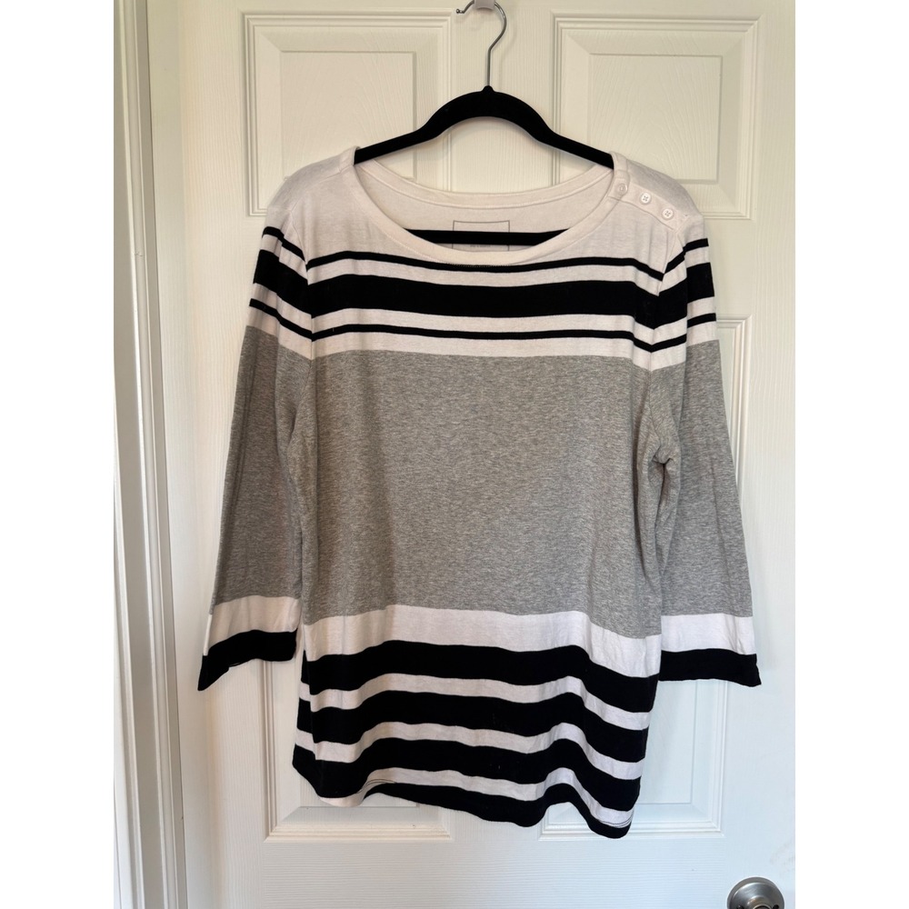 Charter Club Women XL Pima Cotton Striped Long Sleeve Button Shoulder Top Tee